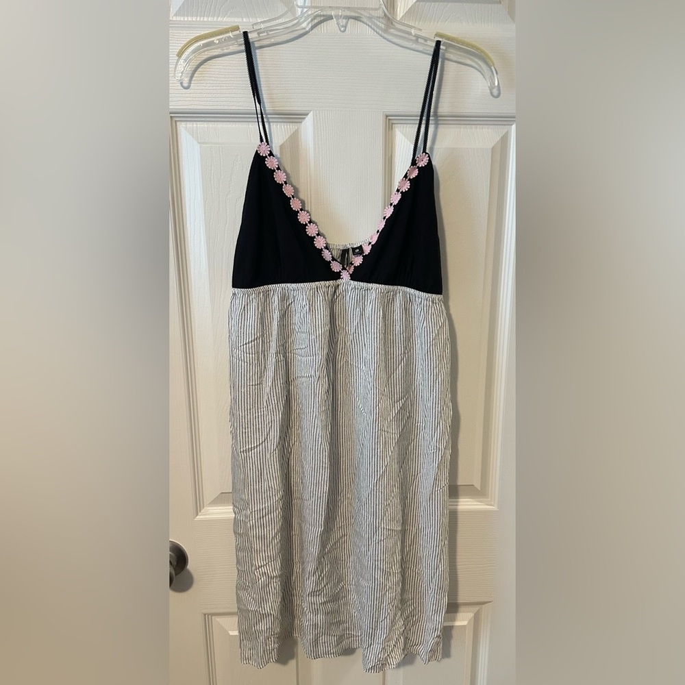 Black and White Striped Dress with Pink Floral Trim